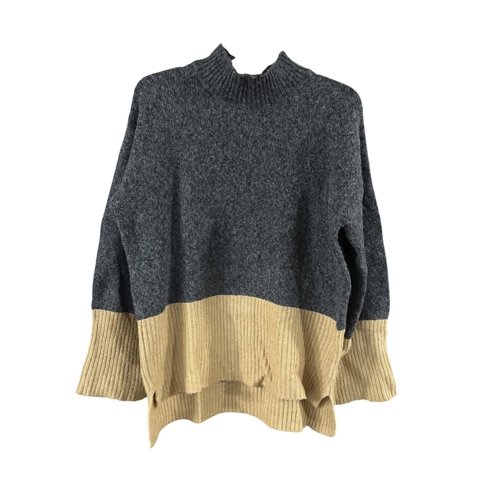 Michael Kors Womens Mock Neck Colorblock Sweater Grey Tan Knit Large Logo Plate